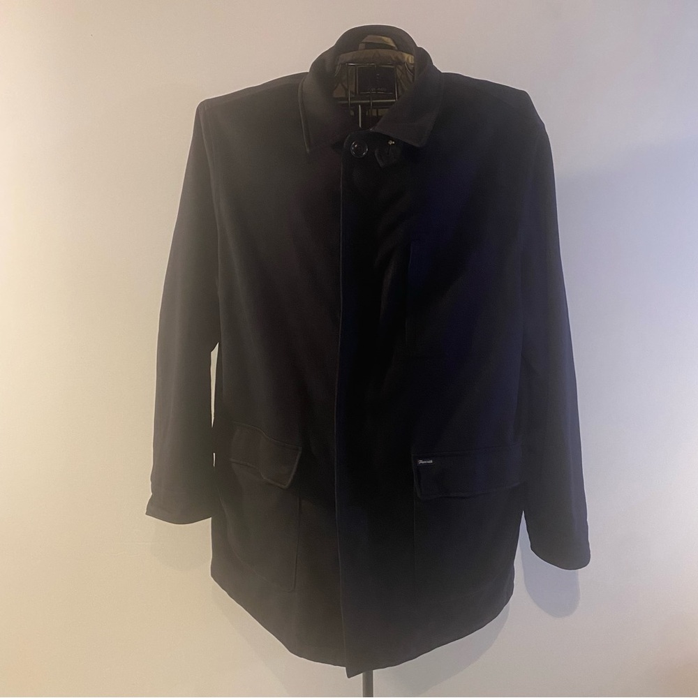 Falonnable 100% Wool Lightweight Black Car Coat 
Size XL   Fray On Pocket Flap